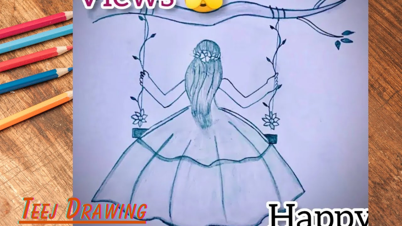 Teej Drawing | How To Draw A Girl Swing On Tree #teej