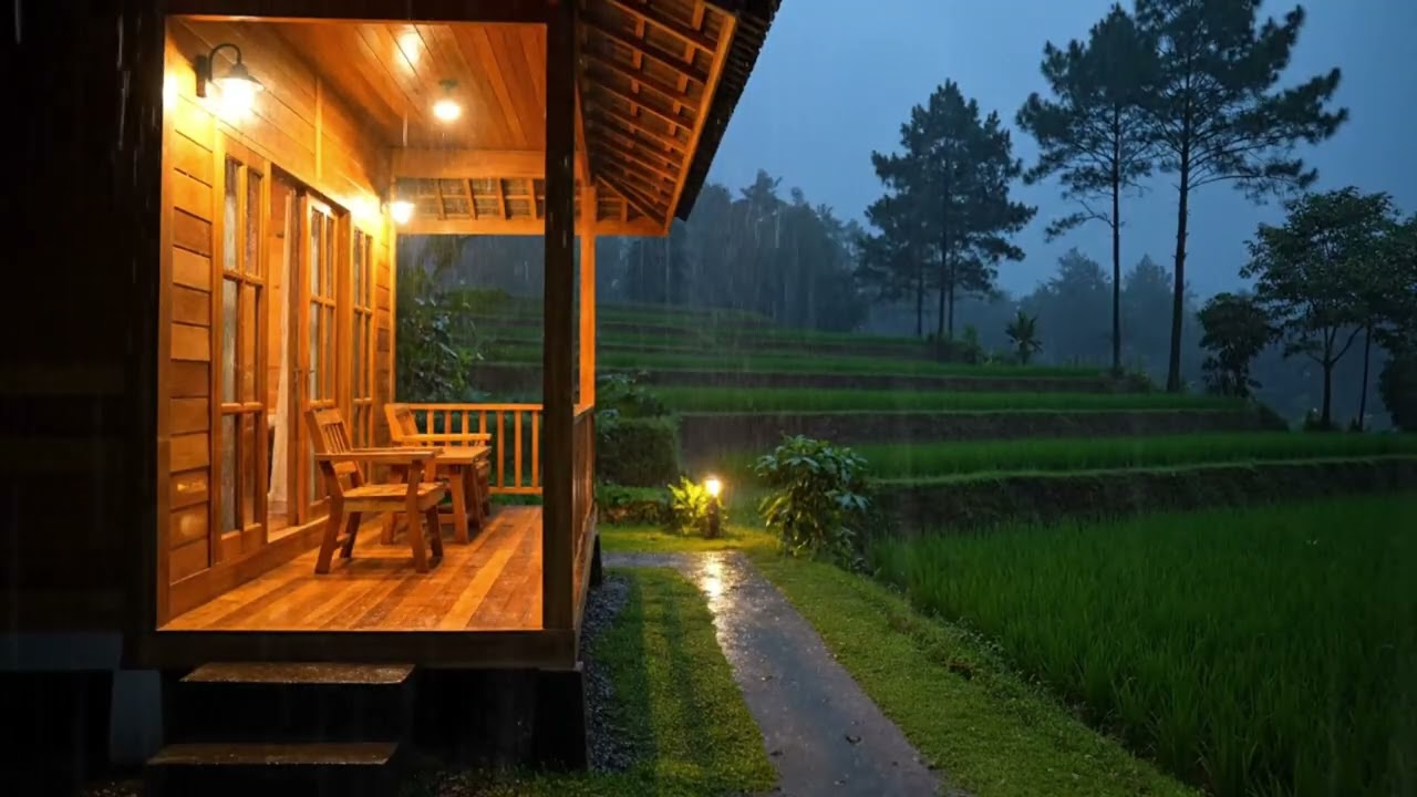 Deep Sleep Rain Sounds | 3 Hours at a Simple Wooden House by the Rice Fields