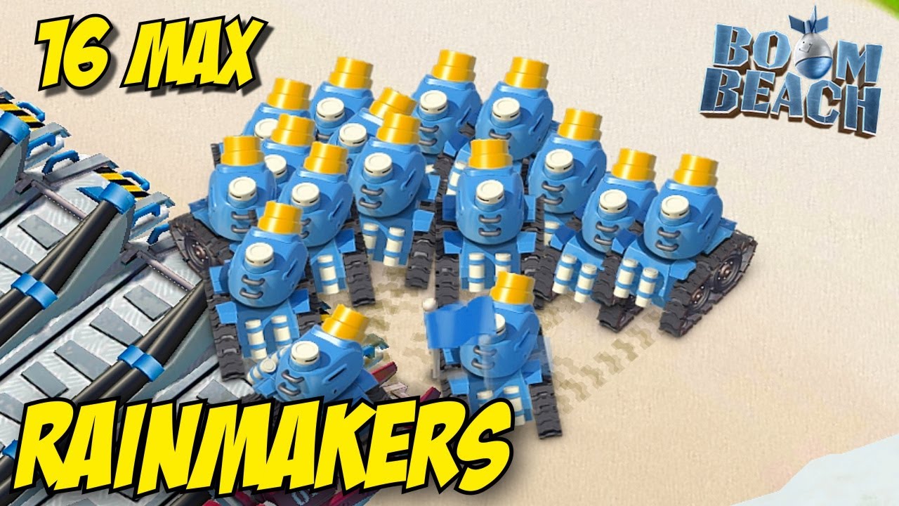 16 MAXED RAINMAKERS VS. HIGH LVL Player Bases!!! - BOOM BEACH