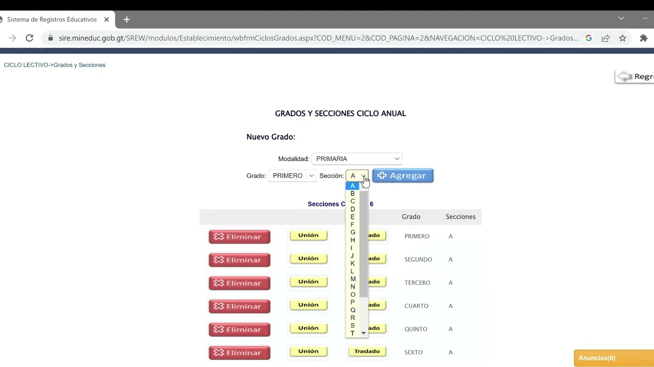 SIRE - Cómo crear, unir y eliminar grados y secciones
