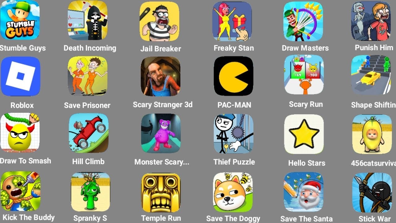 Roblox, Grimace Monster Scary Survival, Temple Run, Bowmasters, Spranky Survival, Scary Stranger 3d