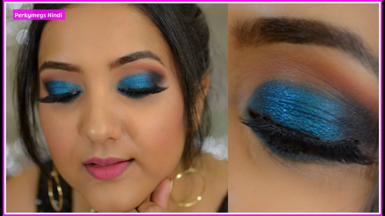 हिंदी Blue Smokey Eye Makeup for Indian Skin in Hindi | Indian Party Makeup | Perkymegs Hindi