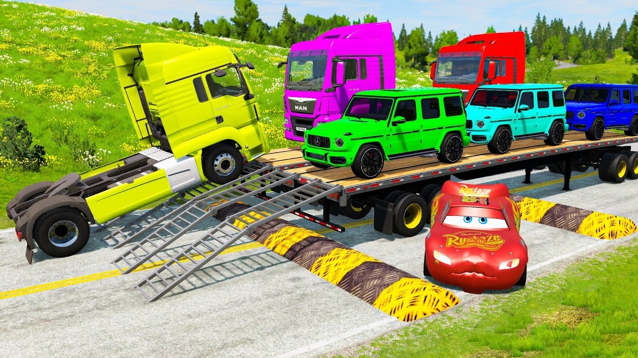 TRANSPORTING PIXAR CARS & FRUITS WITH COLORED & JOHN DEERE vs  TRACTORS - BeamNG.drive #shorts