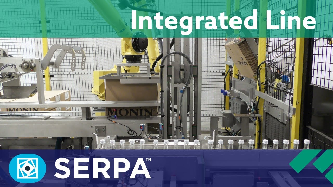 Integrated Line: Vertical cartoner and case packer/palletizer running glass syrup bottles