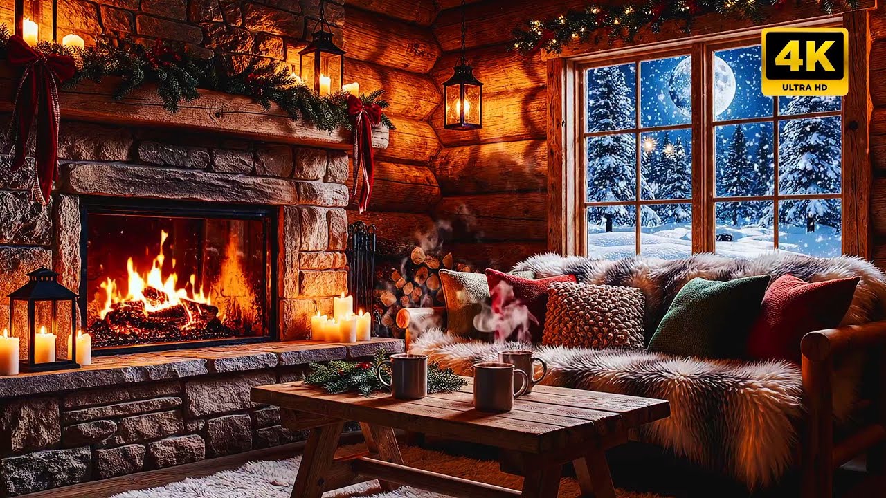 4K Cozy Cabin + Smooth Jazz + Fireplace 🔥 The Most Relaxing Winter Ambience