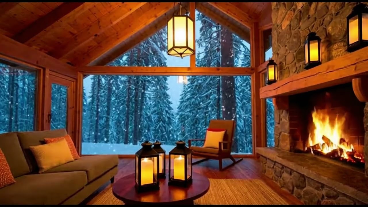 Cozy Log Cabin in the Snow - Fireplace Sounds & Soft Jazz Music (10 Hours of Relaxing Ambience)