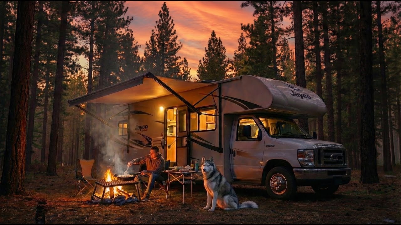 Building a house in the woods (ASMR) - This guy restored a Jayco RV Class C in the woods