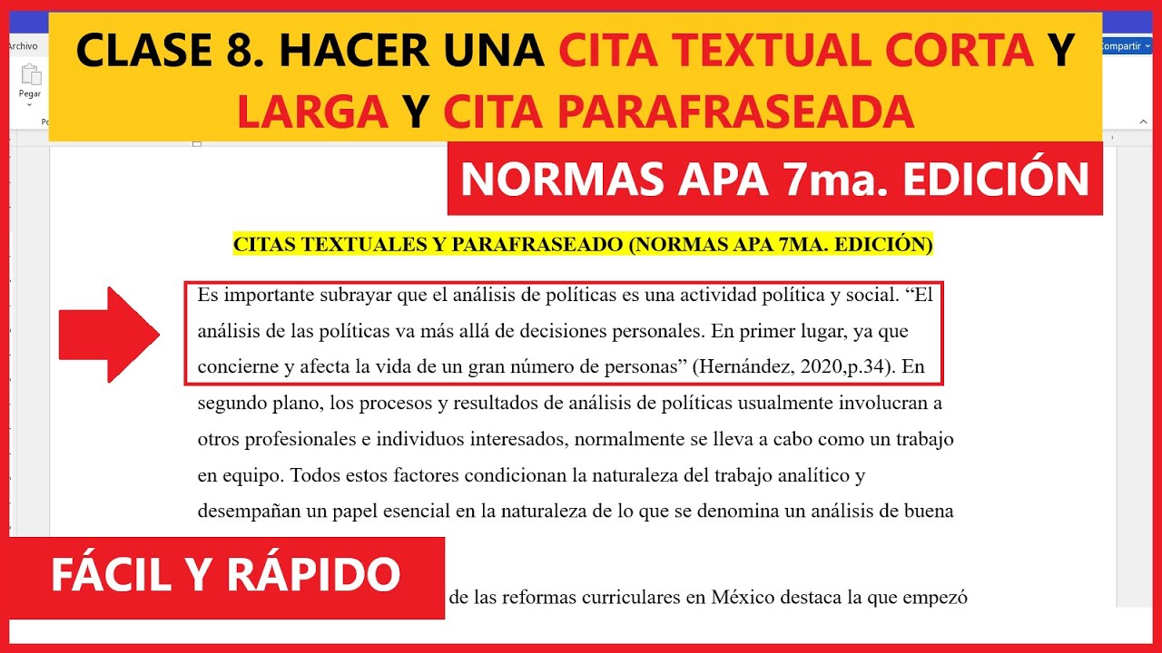 CLASE 8. EJEMPLO de Cómo HACER una CITA TEXTUAL CORTA Y LARGA Y PARAFRASEADA | NORMAS APA 7ma. ED.