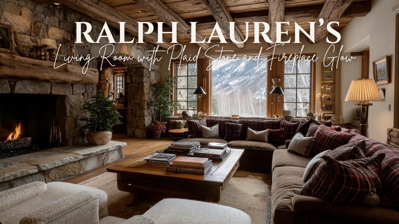 Ralph Lauren’s Rustic Lodge Living Room with Plaid, Stone, and Fireplace Glow