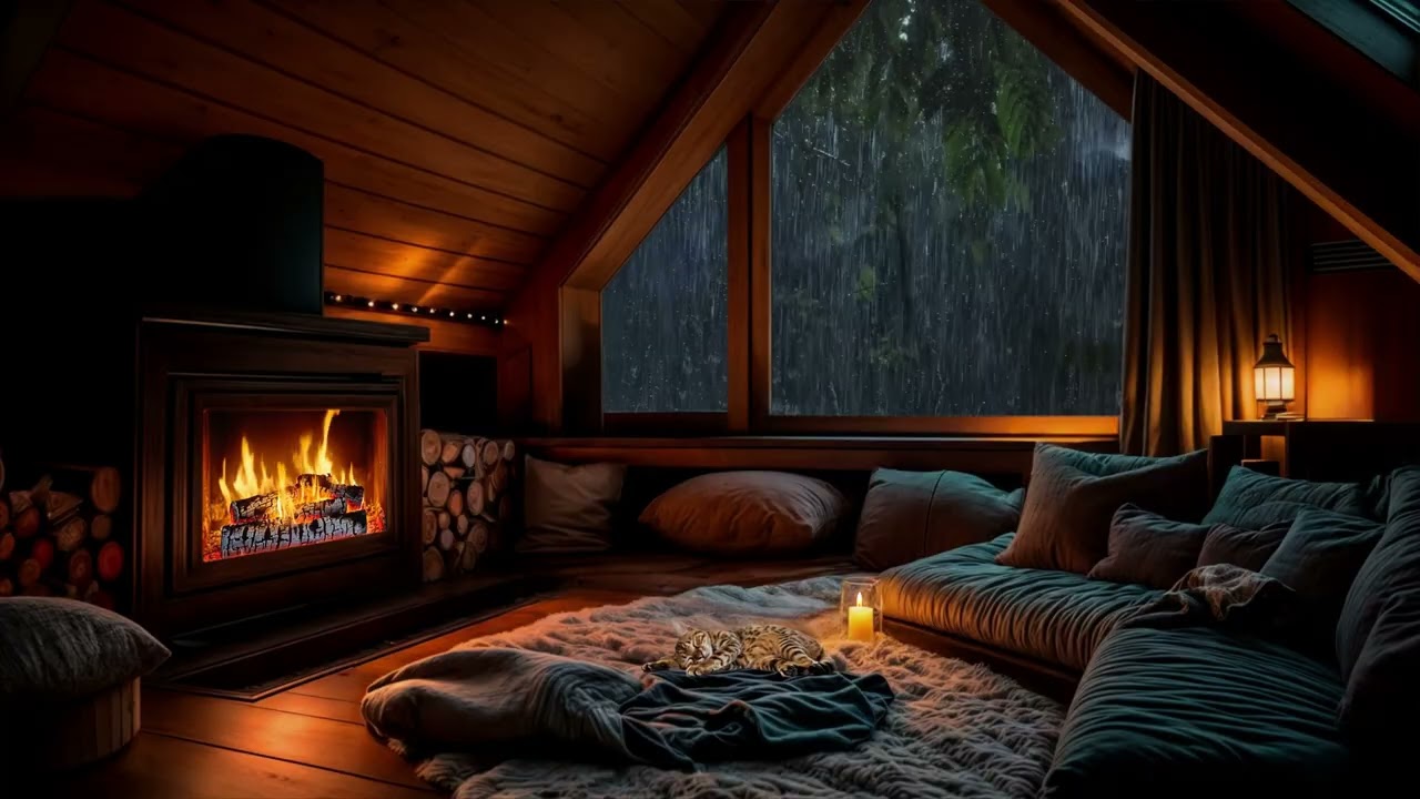 Thunderstorm Night in a Cozy Attic | Rain & Fireplace Sounds to Calm the Mind and Sleep Deep