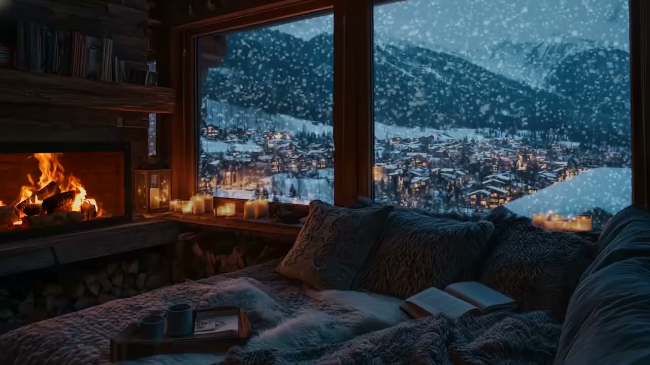 Cozy Winter Cabin White Noise with Fireplace & Falling Snow for Deep, Unbroken Sleep