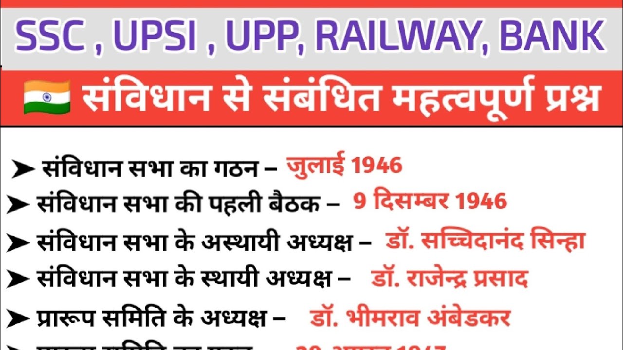 संविधान से संबंधित महत्वपूर्ण प्रश्न | #upp #ssc #Railway #Bank