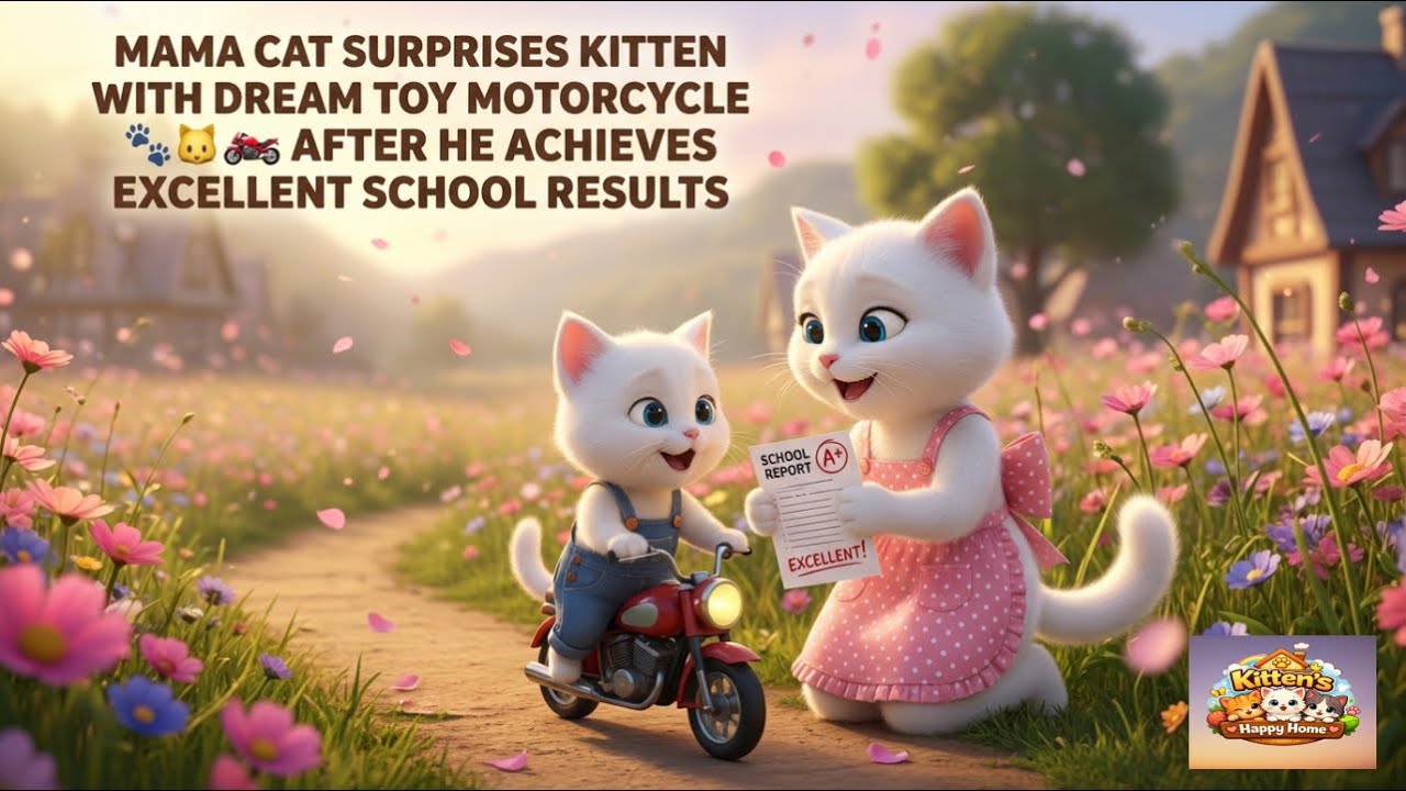 Mama  Kitten Gets a New Toy Motorcycle as a Reward for Excellent School Results! 🏍️💖