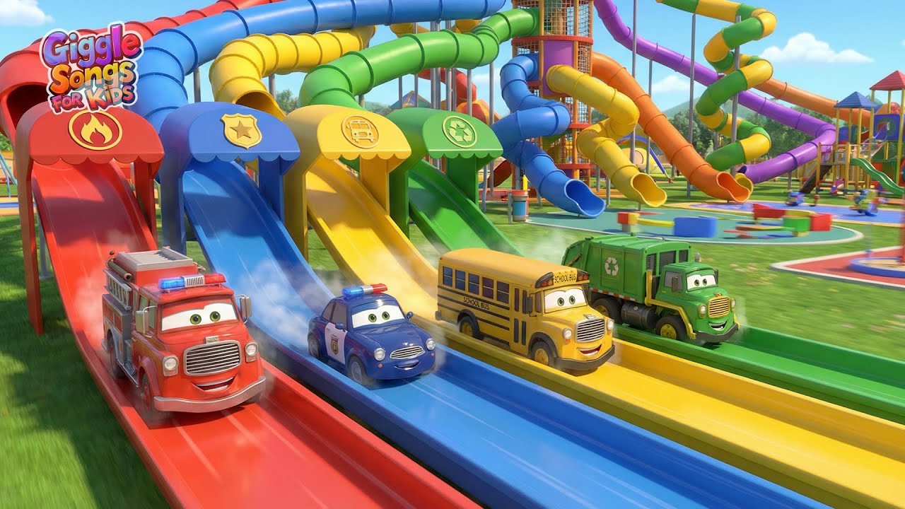 Learn Colors with Street Vehicles on Slides! 🚒🚓🚌 Easy & Fun Car Song for Kids | 자동차 색깔 놀이