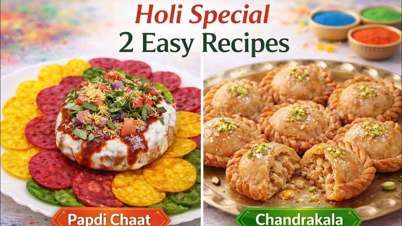 होळी स्पेशल 2 रेसिपी 🌈 | Colorful Papdi Chaat & Crispy Chandrakala | Easy Party Menu