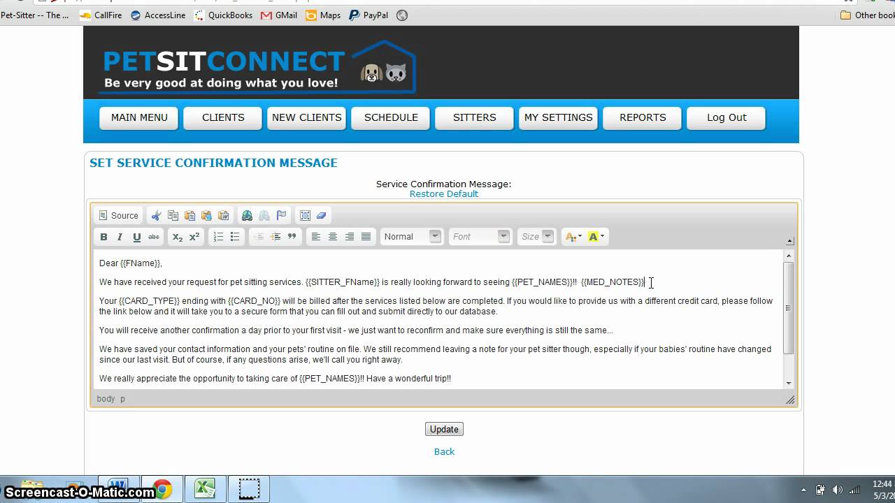 Service Confirmation Message