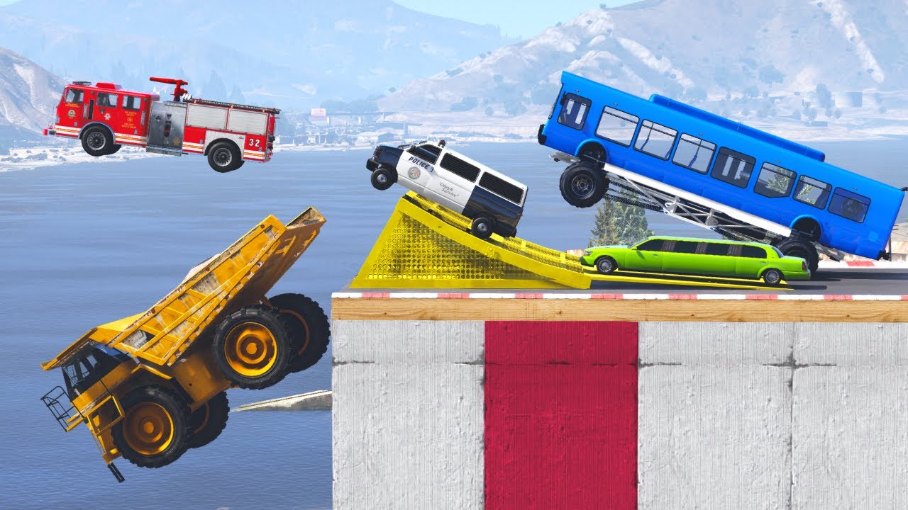 Cars Jumping into Water - GTA 5 Cars (Monster Truck, Bus, Police Car, Dump Truck) Which is Best?