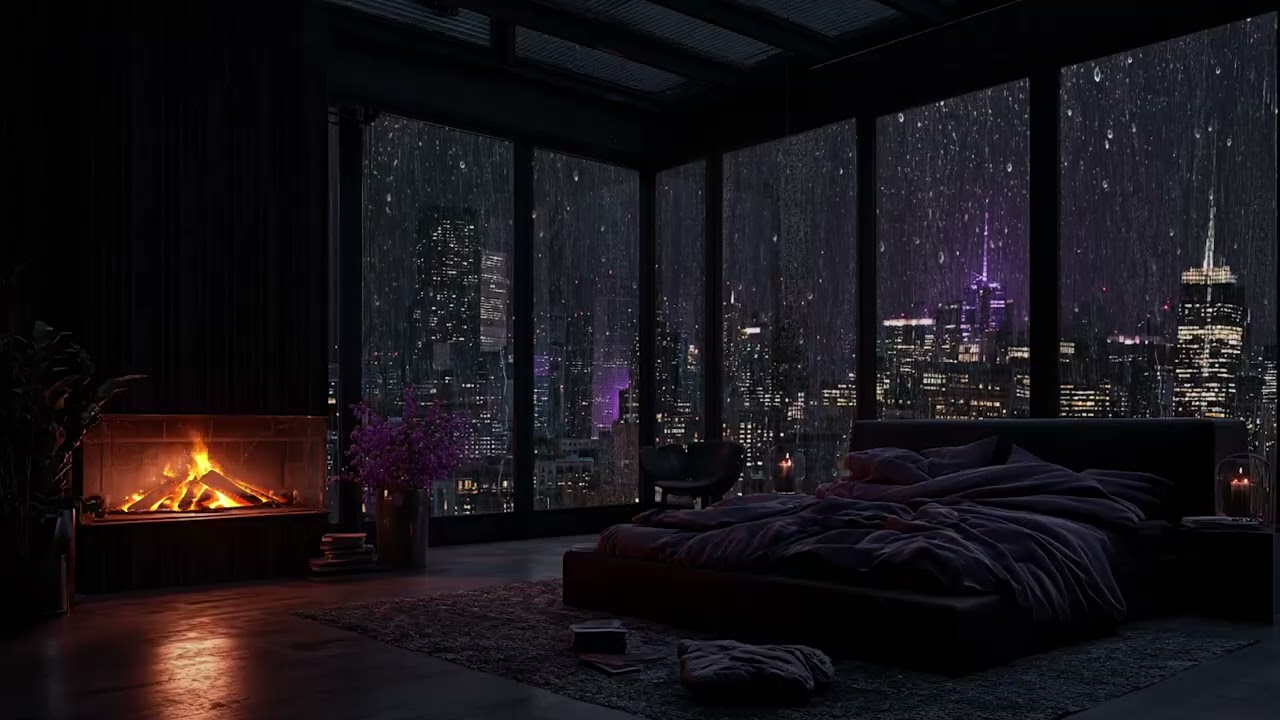 Endless Urban Rain 🌧️ | Relaxing Piano Fireplace Ambience for Study and Rest