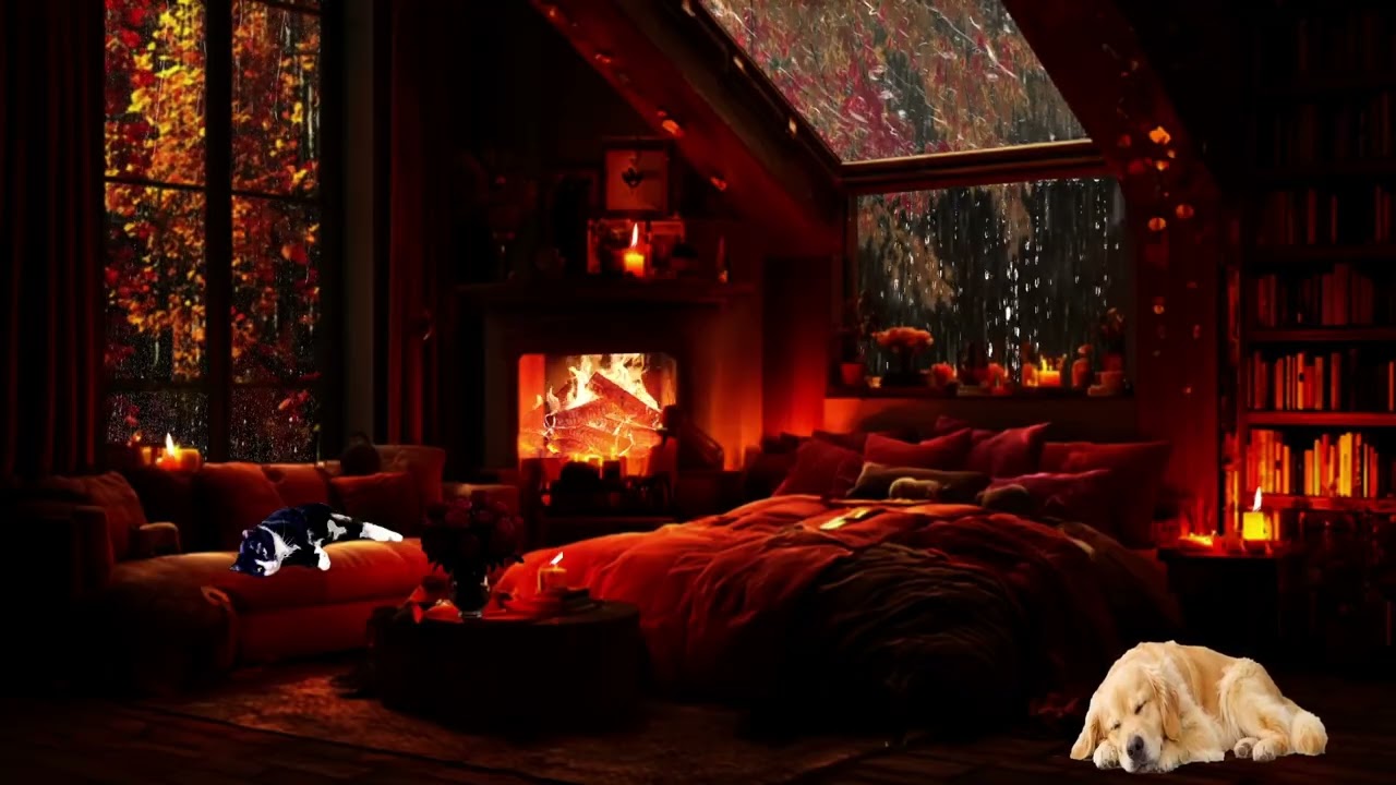 Warm Fireplace with Heavy Rain Outside 🌧️ Perfect Sounds for Sleeping & Relaxing