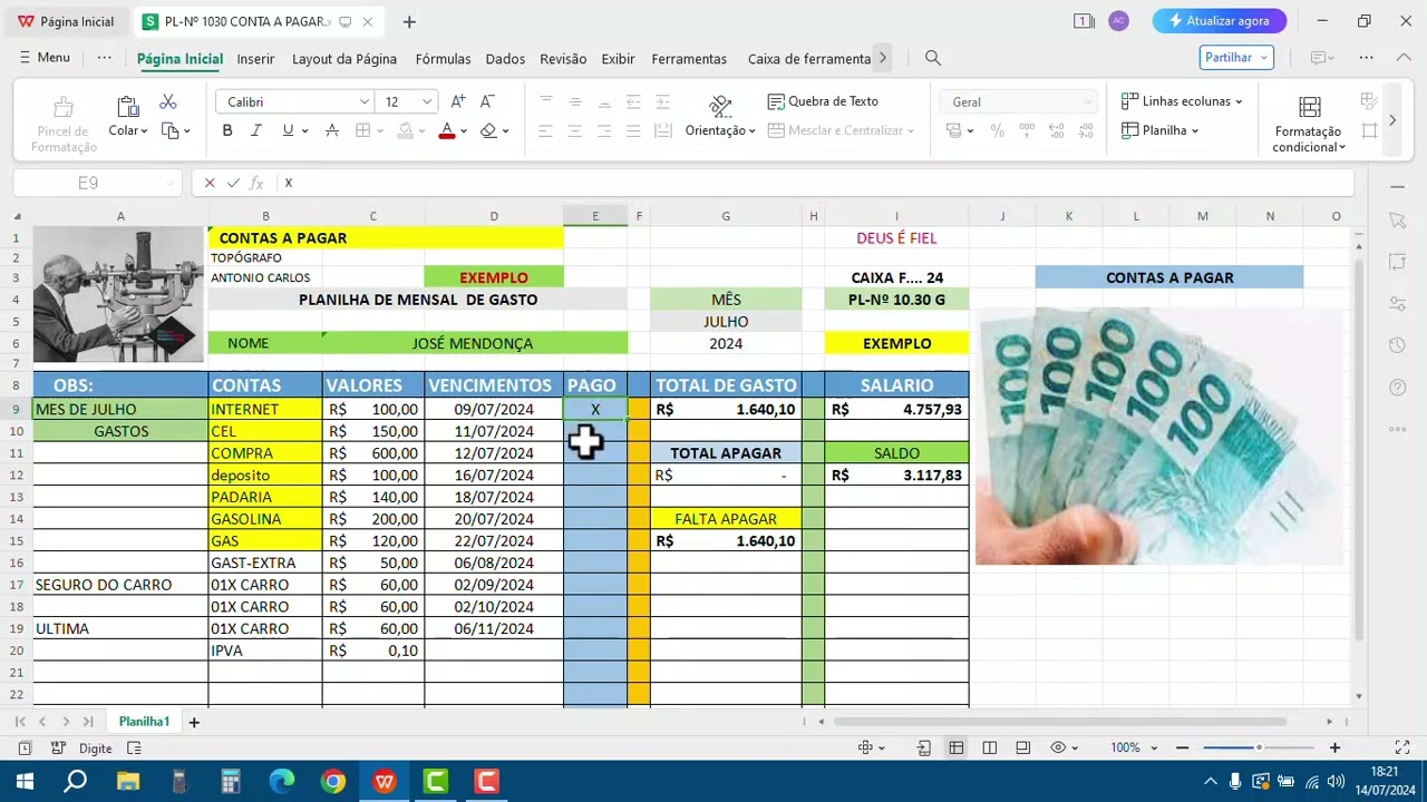 PLANILHA DE GASTO CONTAS A PAGAR NO EXCEL 15 07 24 DEUS E FIEL
