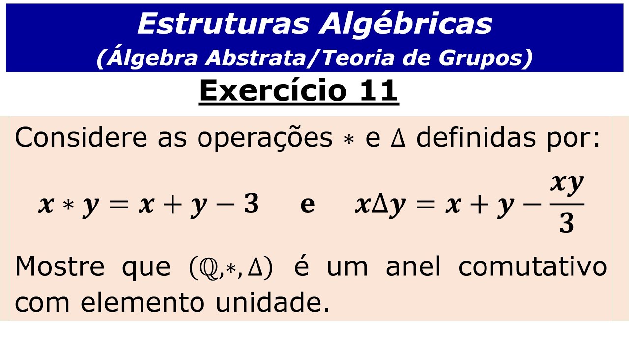 Exercício 11: Seja x∗y=x+y-3 e x∆y=x+y-xy/3. Mostre que (Q, ∗, ∆) é um anel comutativo com unidade.