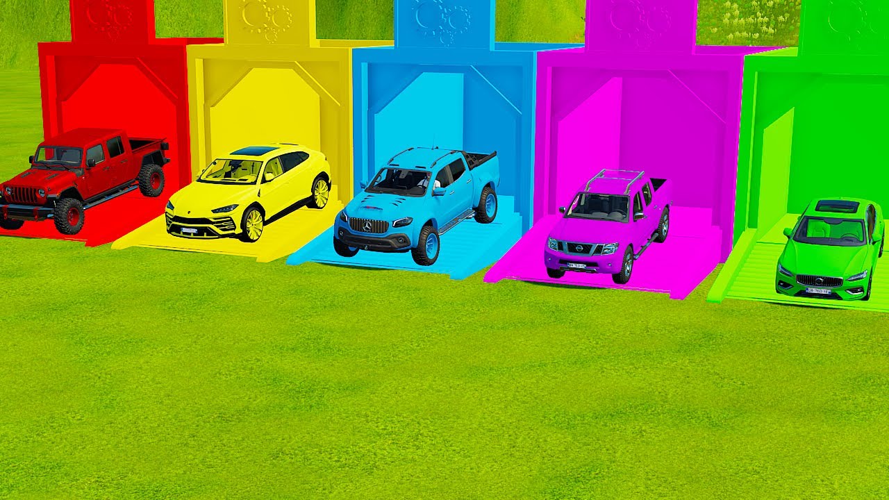 TRANSPORTING FIVE COLOR CARS JEEP, LAMBORGHINI ARUS, MERCEDES, NISSAN, VOLVO - Farming Simulator 22