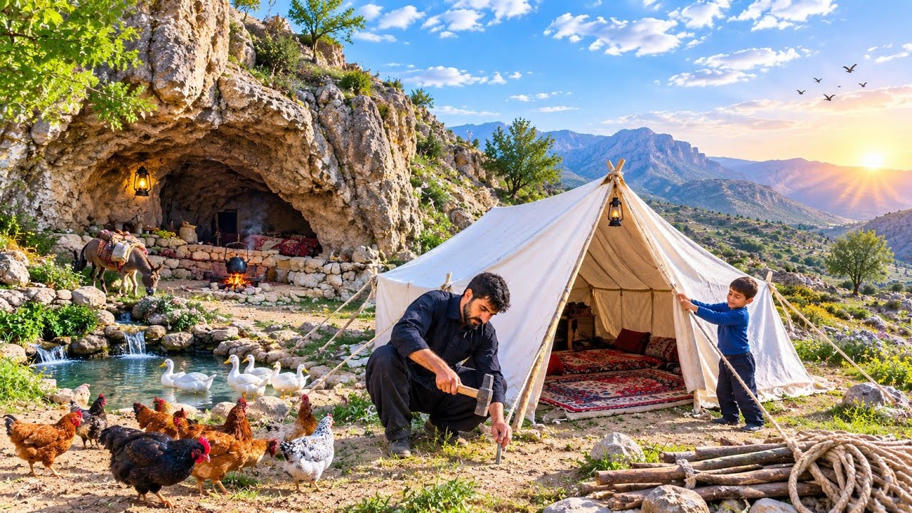 Primitive Cave Life | Restoring a Mountain Cave and Setting Up a Tent in the Wild