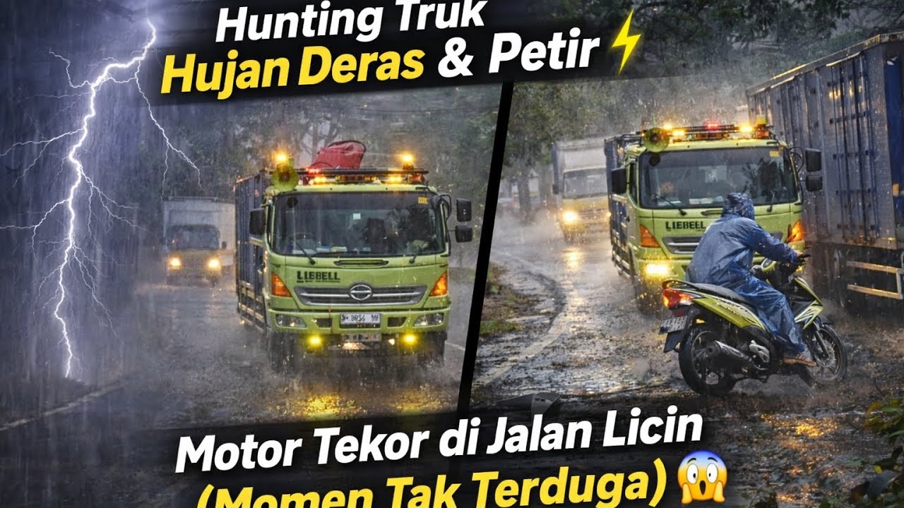 Hunting Truk Hujan Deras & Petir ⚡Motor Tekor di Jalan Licin (Momen Tak Terduga)