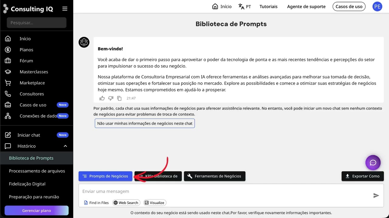 Como Usar a Biblioteca de Prompts no Consulting IQ