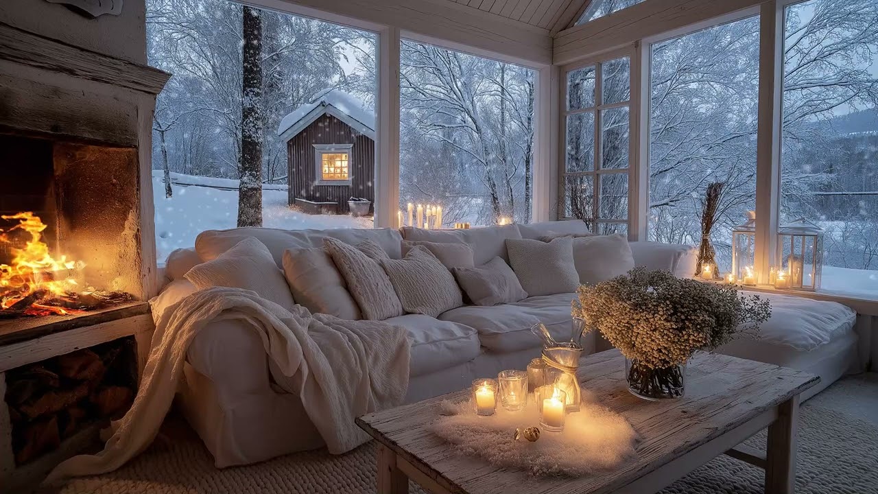 🤍 Pure White Sanctuary | Winter Piano & Crackling Fireplace (2 Hours) | Calm Focus Study Meditation