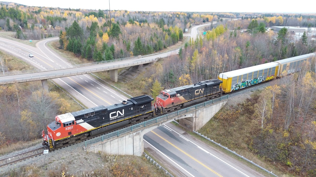 Nice Aerial 4K View! AC44C6M 362 Leads a Long Manifest Train CN 305 w/DPU pass Berry Mills, NB