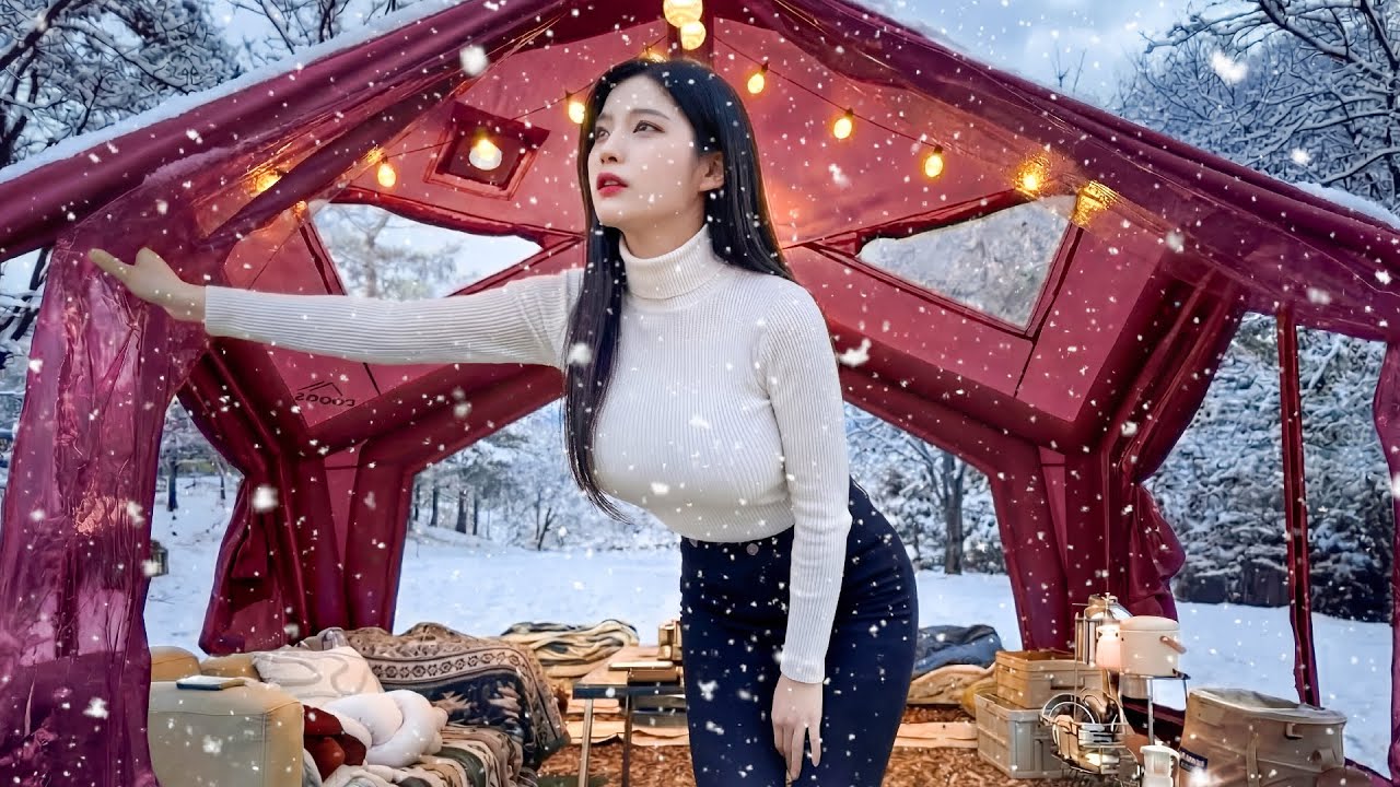 KCamping ASMR | ❄️CAMPING ALONE IN A SNOWFALL❄️ SURVIVING WITH AN INFLATABLE TENT🌸 | Relaxing Escape