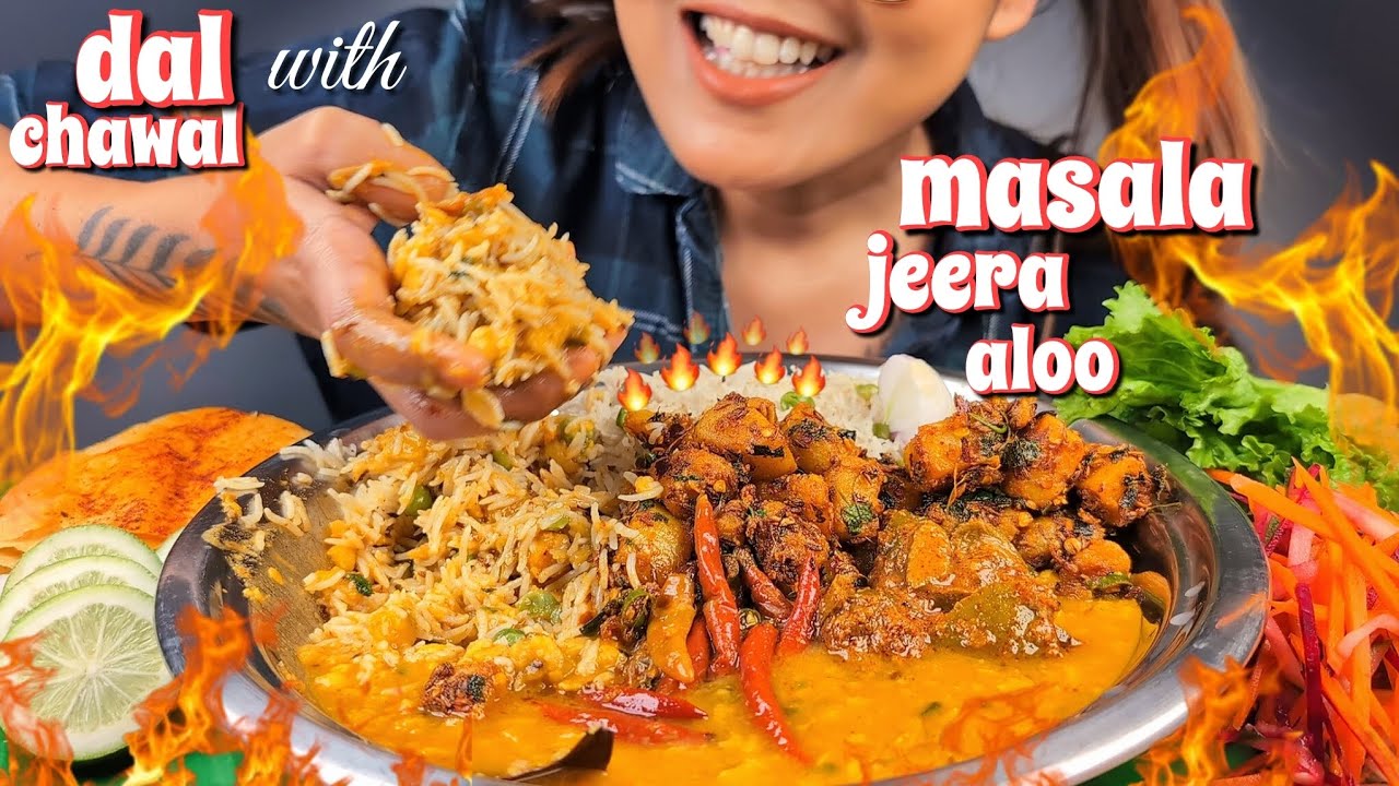 COOKING & EATING TARKA CHANA DAL, MATAR CHAWAL & MASALA JEERA ALOO WITH AAM KA ACHAR & MIRCH ACHAR