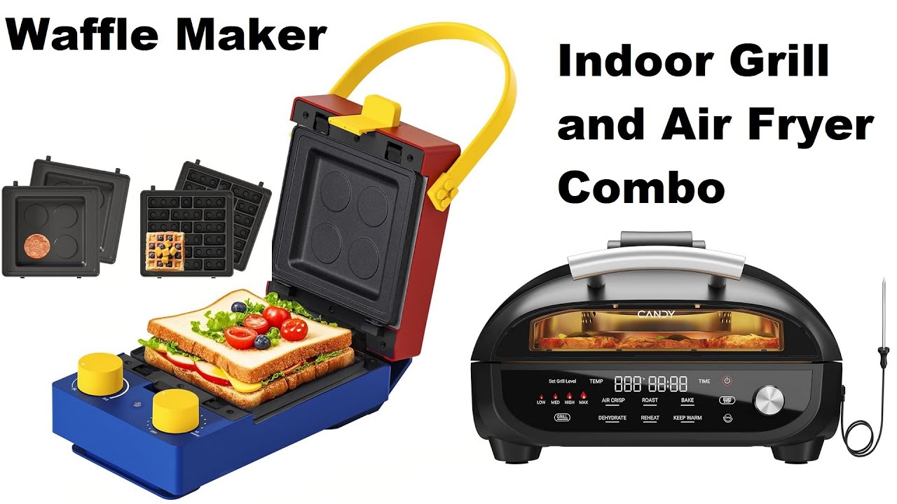 CANDY Home Appliances - Indoor Grill & Air Fryer Combo and 3-in-1 Waffle, Sandwich Maker & Toaster