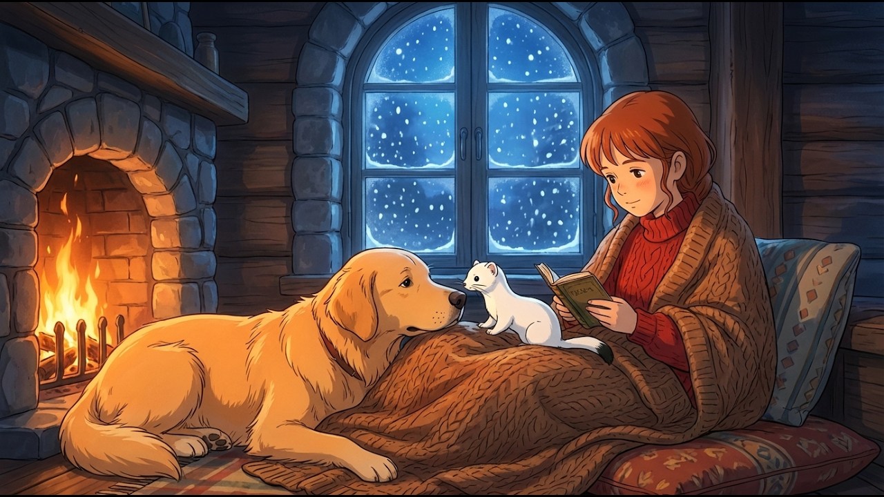 Cozy Blizzard Night with a  Stray Snow Ermine ❄️ Warm Fireplace & Cooking Beef Stew | Ghibli-Style