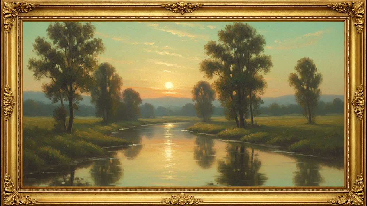 Golden Hour River Scene 🌅 | 4K Framed TV Art Screensaver with Music | Classic Oil Painting Style