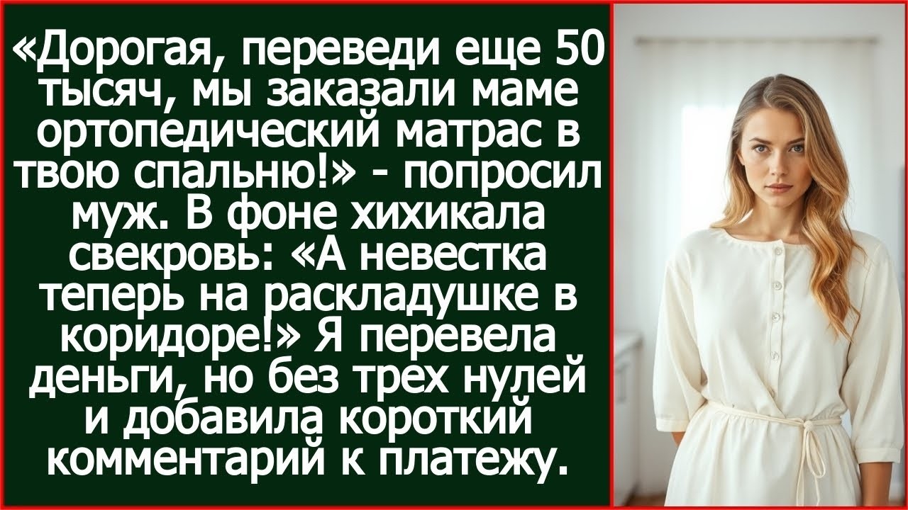Дорогая, переведи еще 50 тысяч, мы заказали маме ортопедический матрас в твою спальню! Попросил муж.