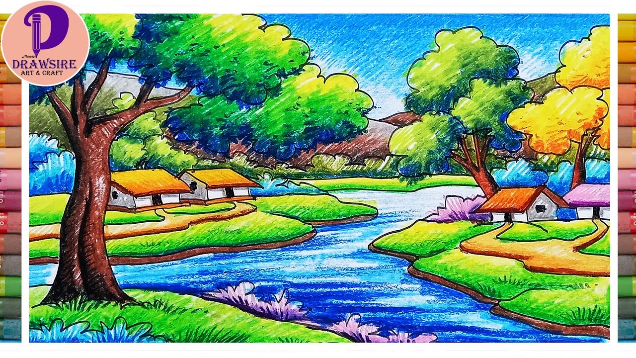 Beautiful Village Scenery Drawing With Oil Pastel Color _ Realistic Nature Scenery Painting