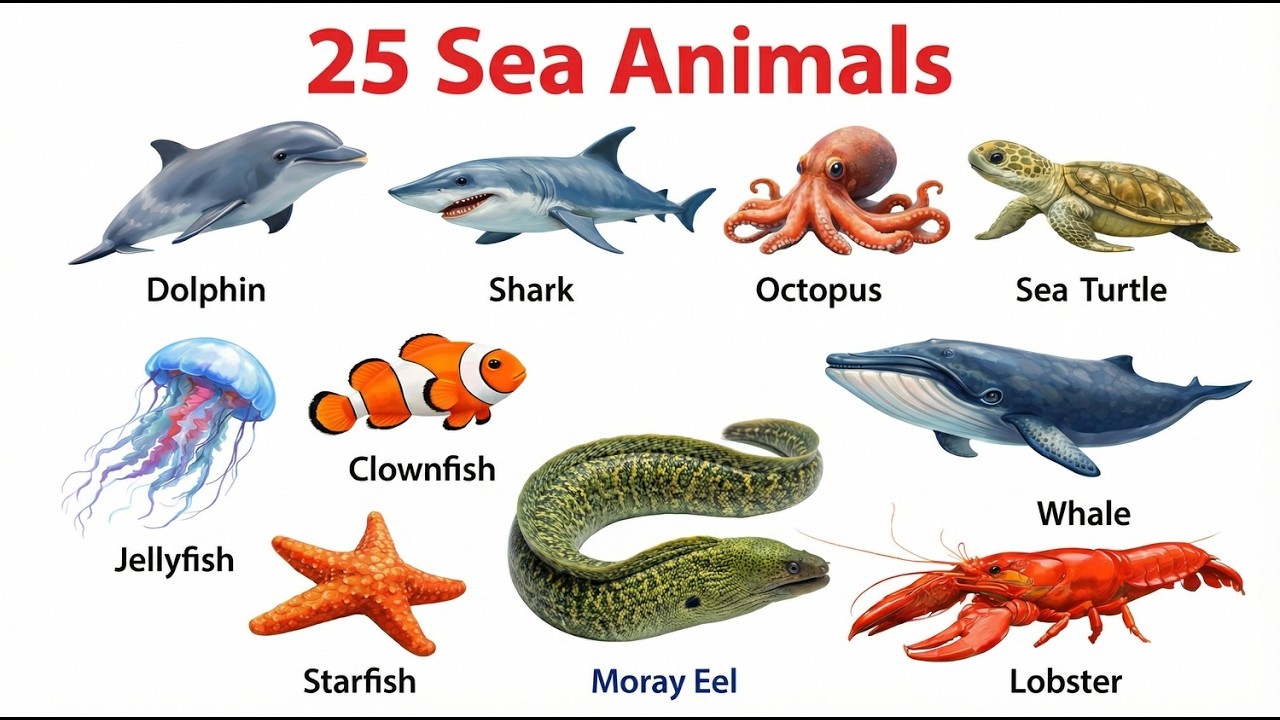25 Sea Animals Name for Kids | समुद्री जीवों के नाम | Water Animals (Hindi & English) | ABC Kudos TV