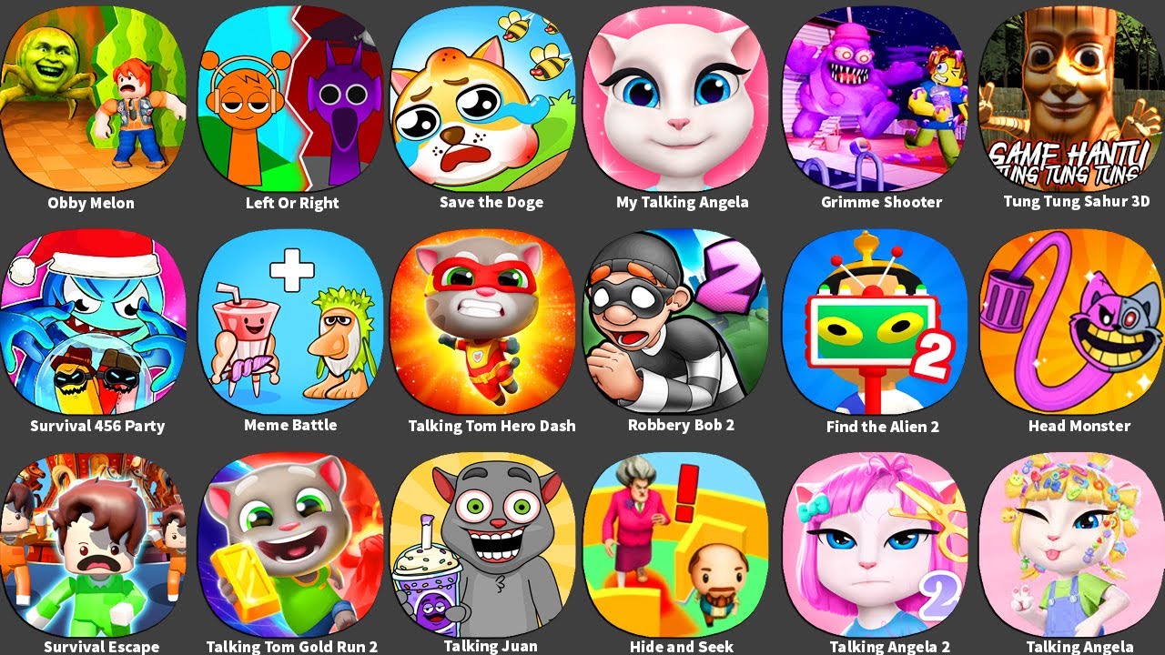 Grimace Monster Scary SurvivalSurvival Escape,Tung Tung Sahur 3D,Tom Hero Dash,Talking Angela 1,2,3