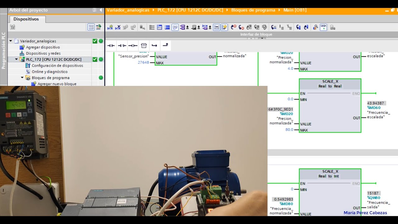 Entradas y salidas analógicas del S7-1200 para controlar el variador V20 de Siemens
