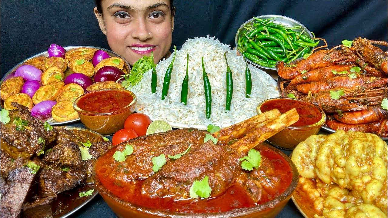 Lal Mutton Jhol Mutton Fat Curry Mutton Liver Curry Prawn Curry Egg Fry With Basmati Rice Eating 
