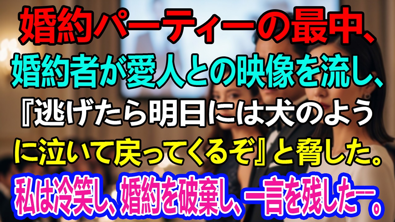 婚約パーティーの最中、婚約者が愛人との映像を流し、『逃げたら明日には犬のように泣いて戻ってくるぞ』と脅した。私は冷笑し、婚約を破棄し、一言を残した――。