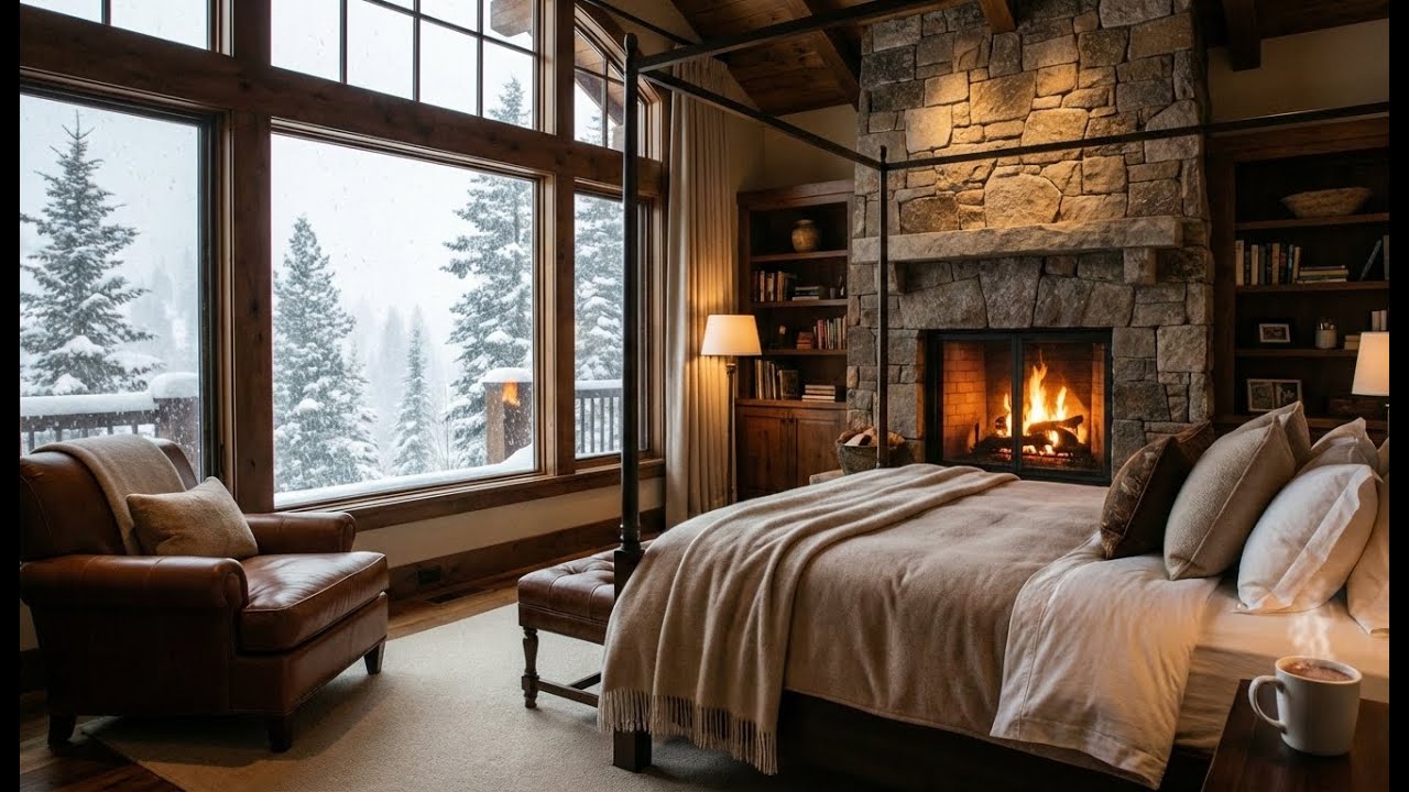 Snowy Night in a Luxury Bedroom | Relaxing Piano Music & Blizzard Sounds