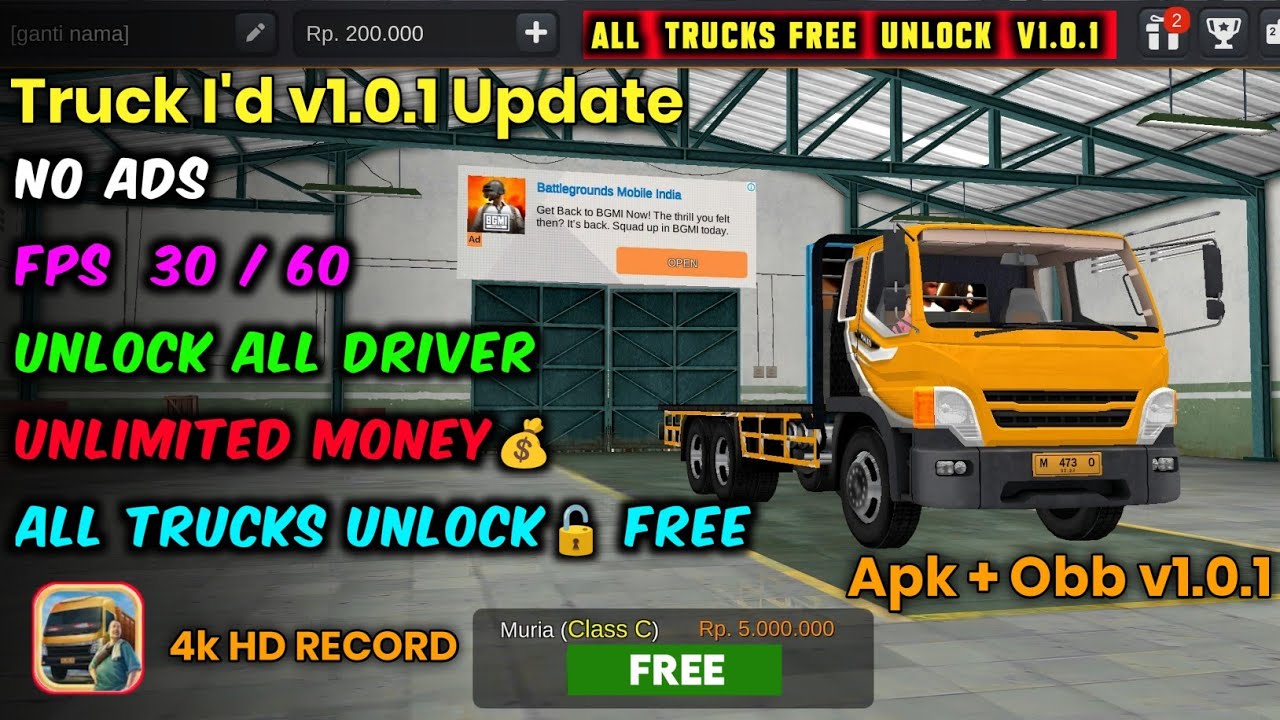 All Trucks Free Unlock🔓 Apk + Obb v1.0.1 For Truck Simulator indonesia  !! Unlimited Money💰 No Ads