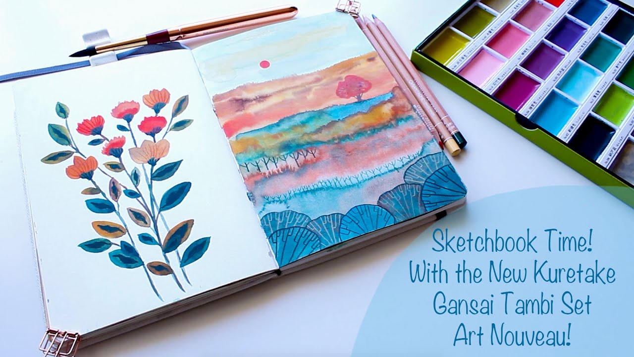 Sketchbook Time! With Kuretake Gansai Art Nouveau Set. Simple landscape and Botanicals.