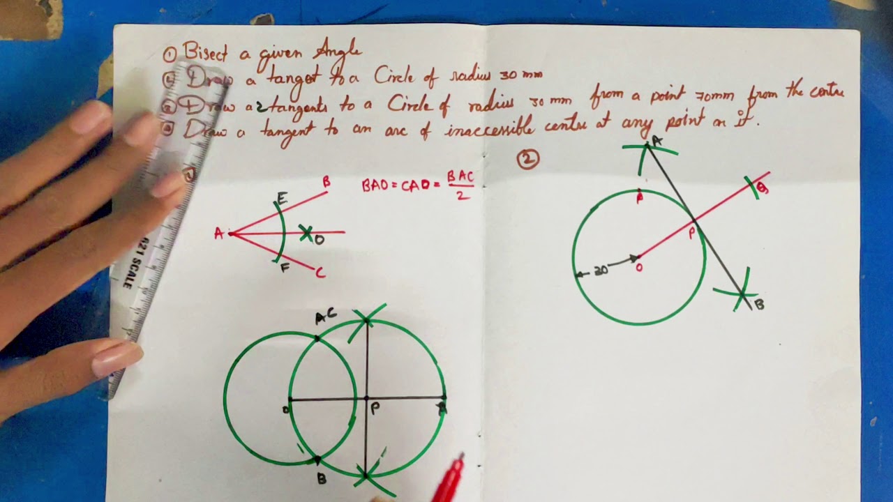 how to draw a tangents to a circle and bisect an angle in Telegu