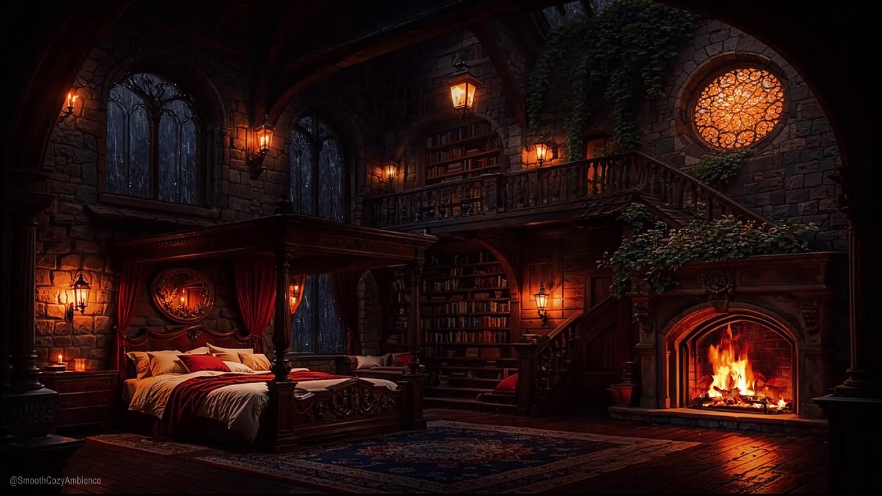 Deeply Sleep In This Castle Cozy Room With Rain; Fireplace & Thunder Sounds