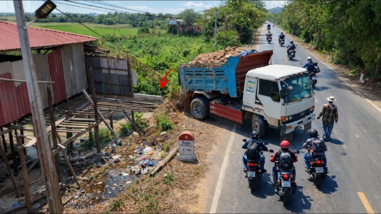 Complete100% In The Flooded Village Overloading Soil to Lowland by Dump With Bulldozer Komat'su Push