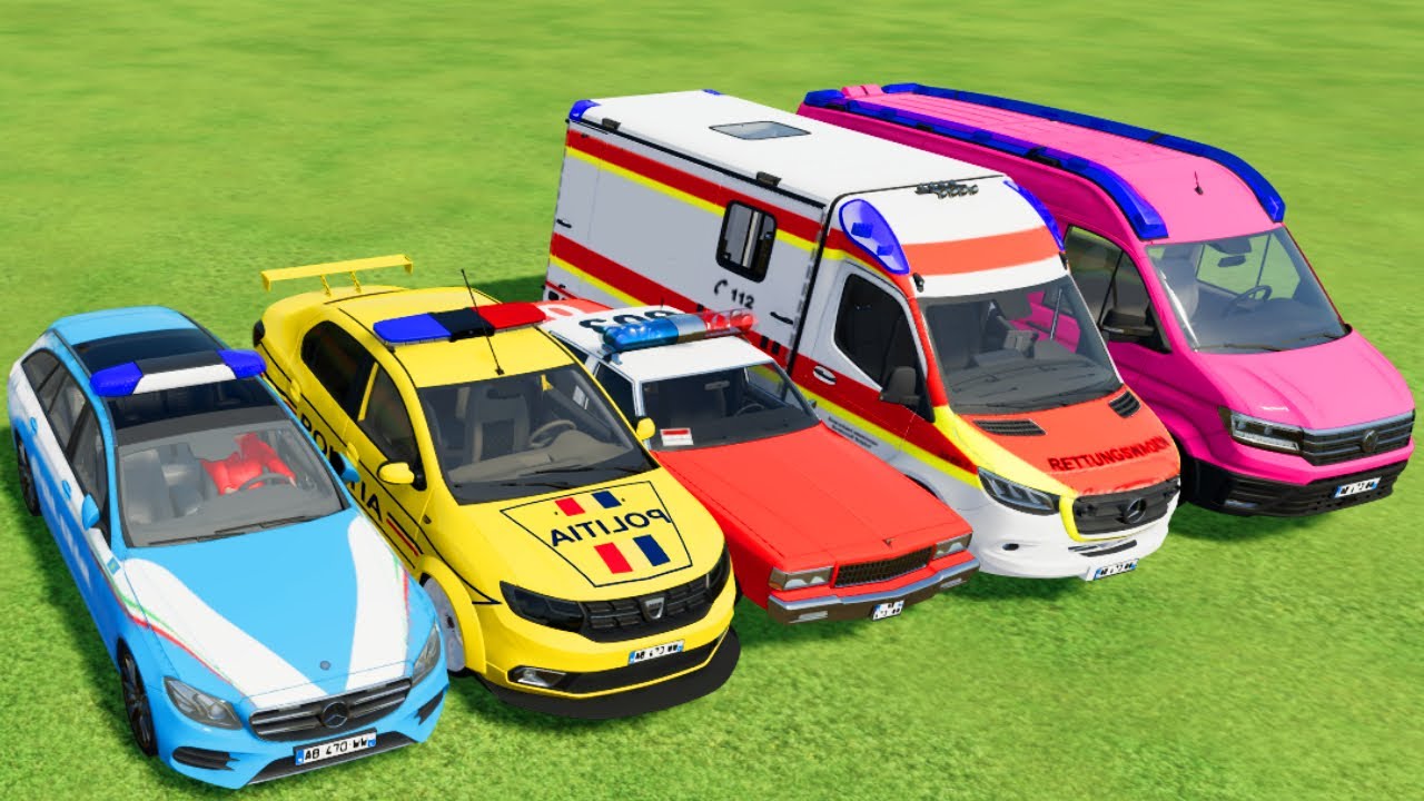 TRANSPORTING POLICE CARS, AMBULANCE, FIRE TRUCK, COLORFUL CARS WITH TRAIN -FARMING SIMULATOR 22!